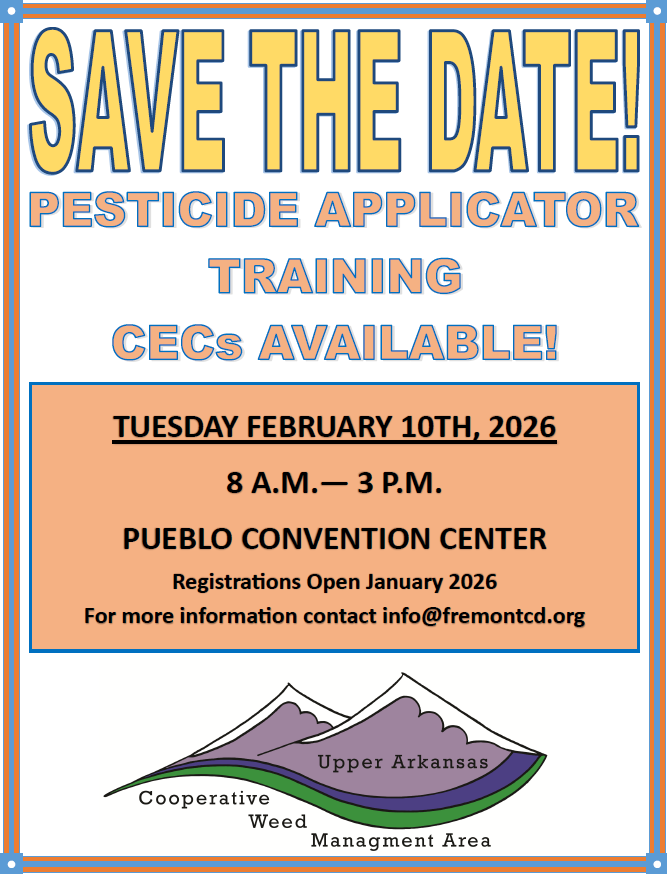 Pesticide applicator training on Feb 10, 2026, from 8 AM to 3 PM at Pueblo Convention Center. Registrations open January 2026.