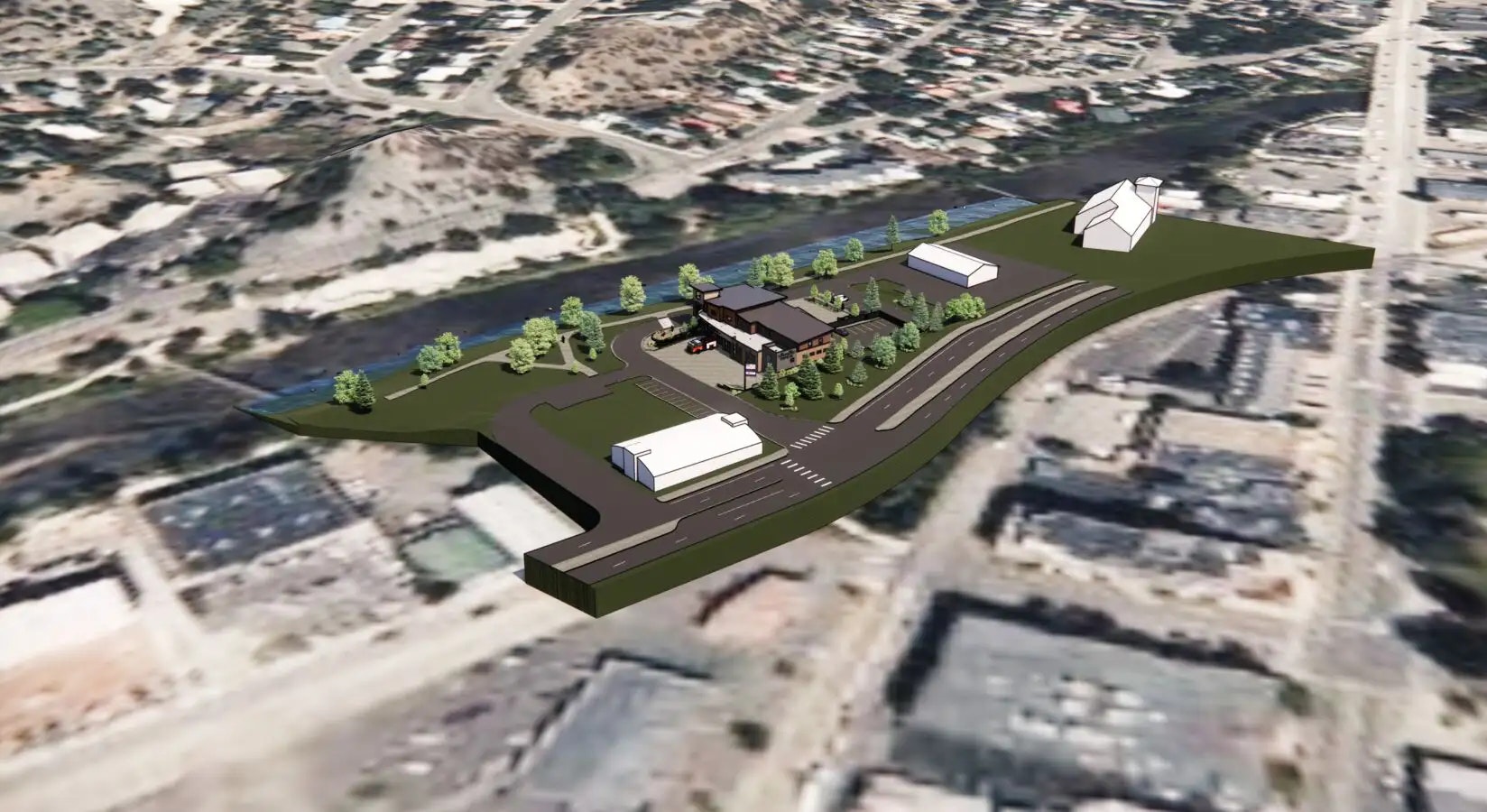 A 3D architectural rendering of a planned building and landscape superimposed on an aerial photo.
