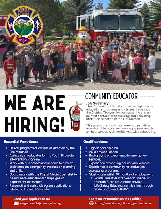 Recruitment poster for "Community Educator" by Durango Fire & Rescue. Describes job summary, essential functions, and qualifications.