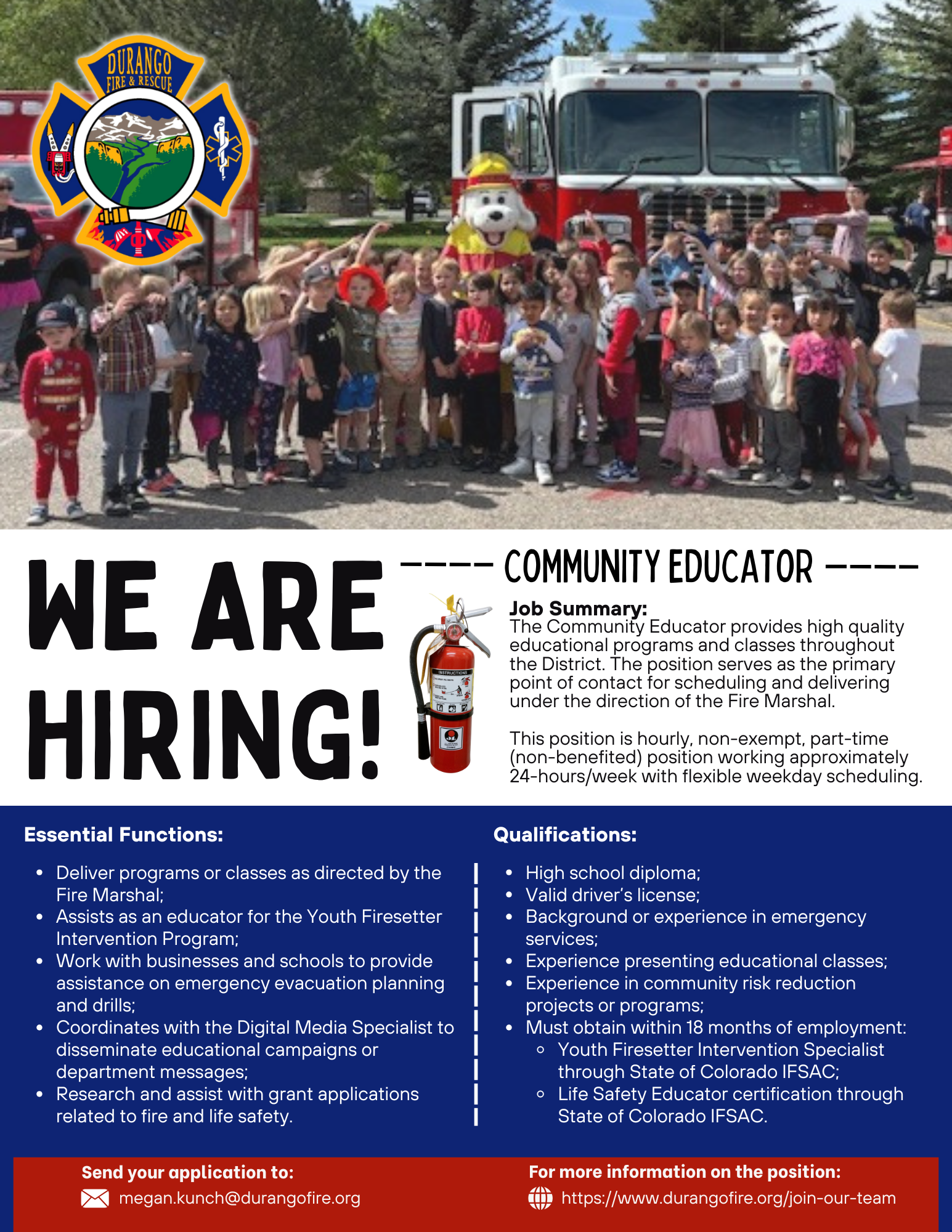Recruitment poster for "Community Educator" by Durango Fire & Rescue. Describes job summary, essential functions, and qualifications.