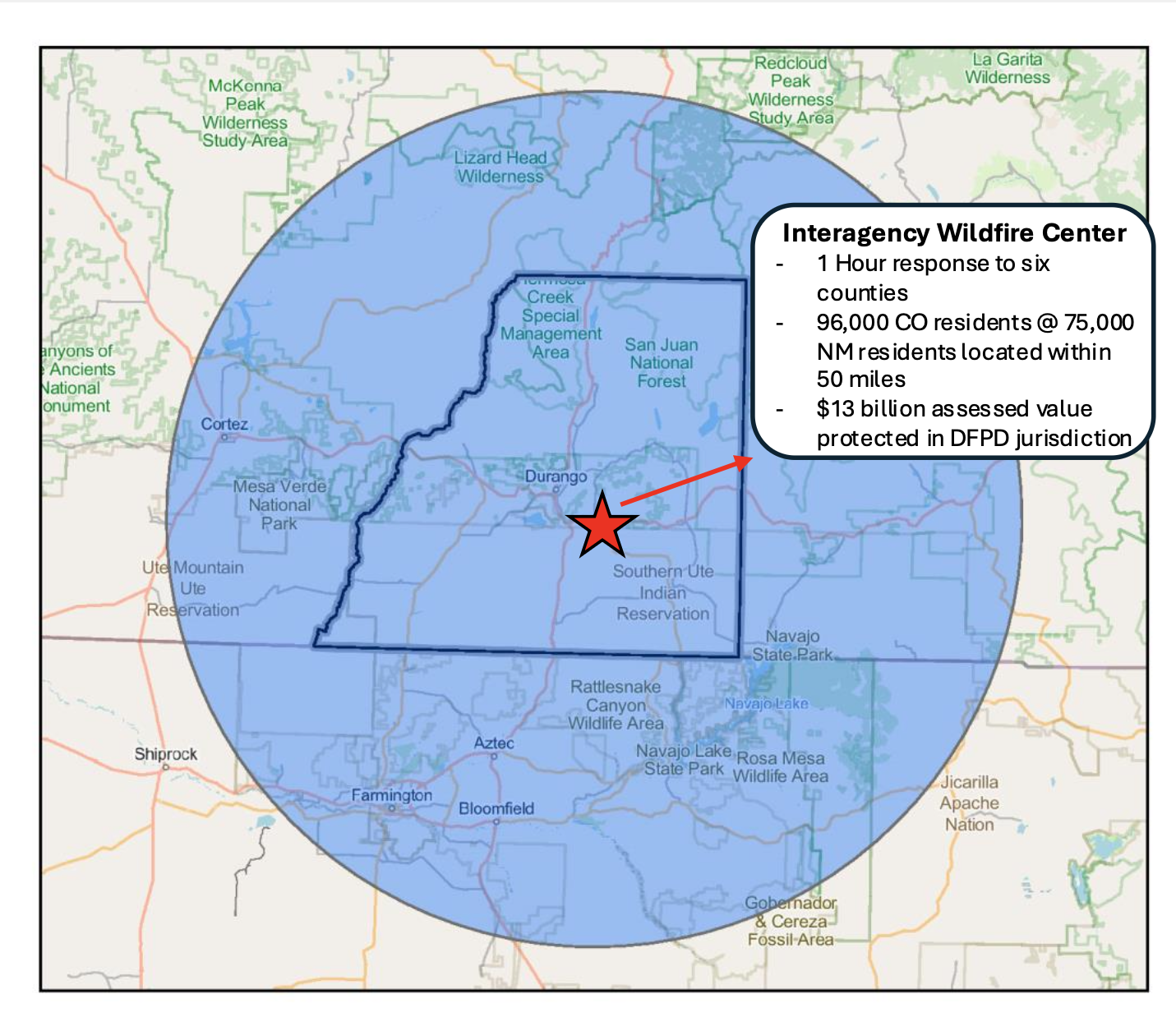 Map showing the Interagency Wildfire Center's response area, highlighting key statistics on residents and assessed value protected.