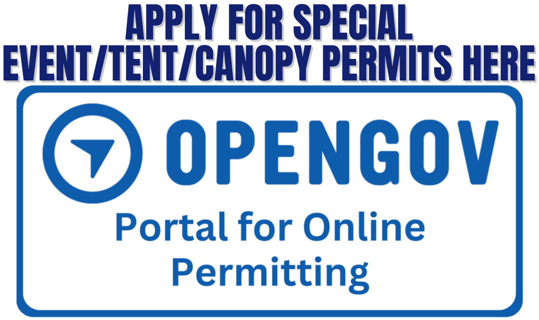 The image promotes applying for special event, tent, or canopy permits online through the OpenGov portal.