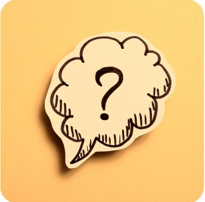 A question mark within a thought bubble on a yellow background.