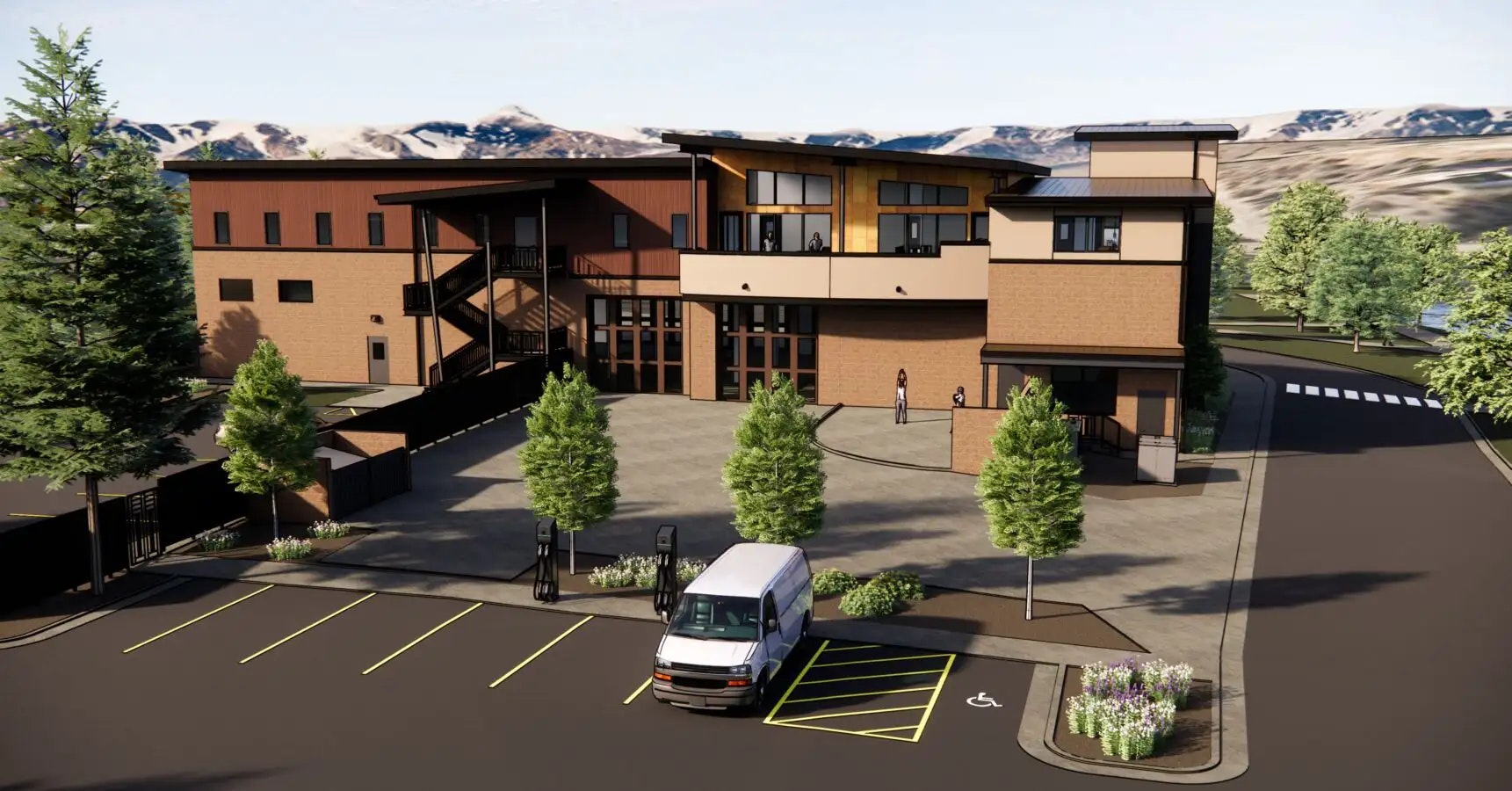 A rendered image of a modern building with parking spaces, trees, mountains in the background, and small human figures.