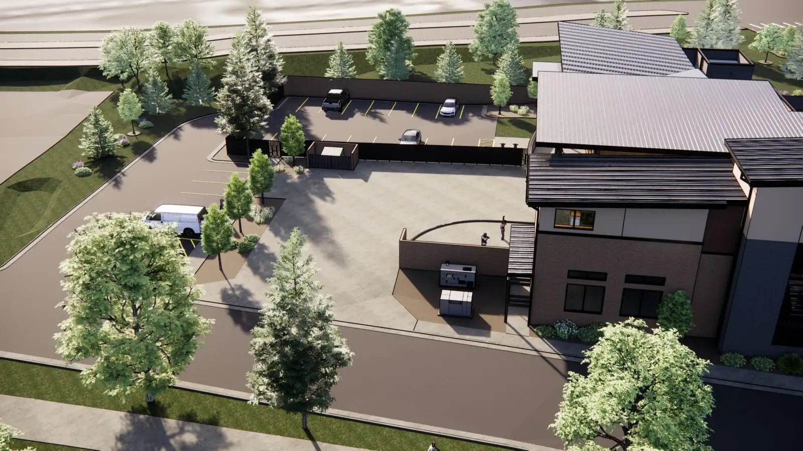 A computer-generated image of a parking area with a few cars, landscaping, and modern buildings.