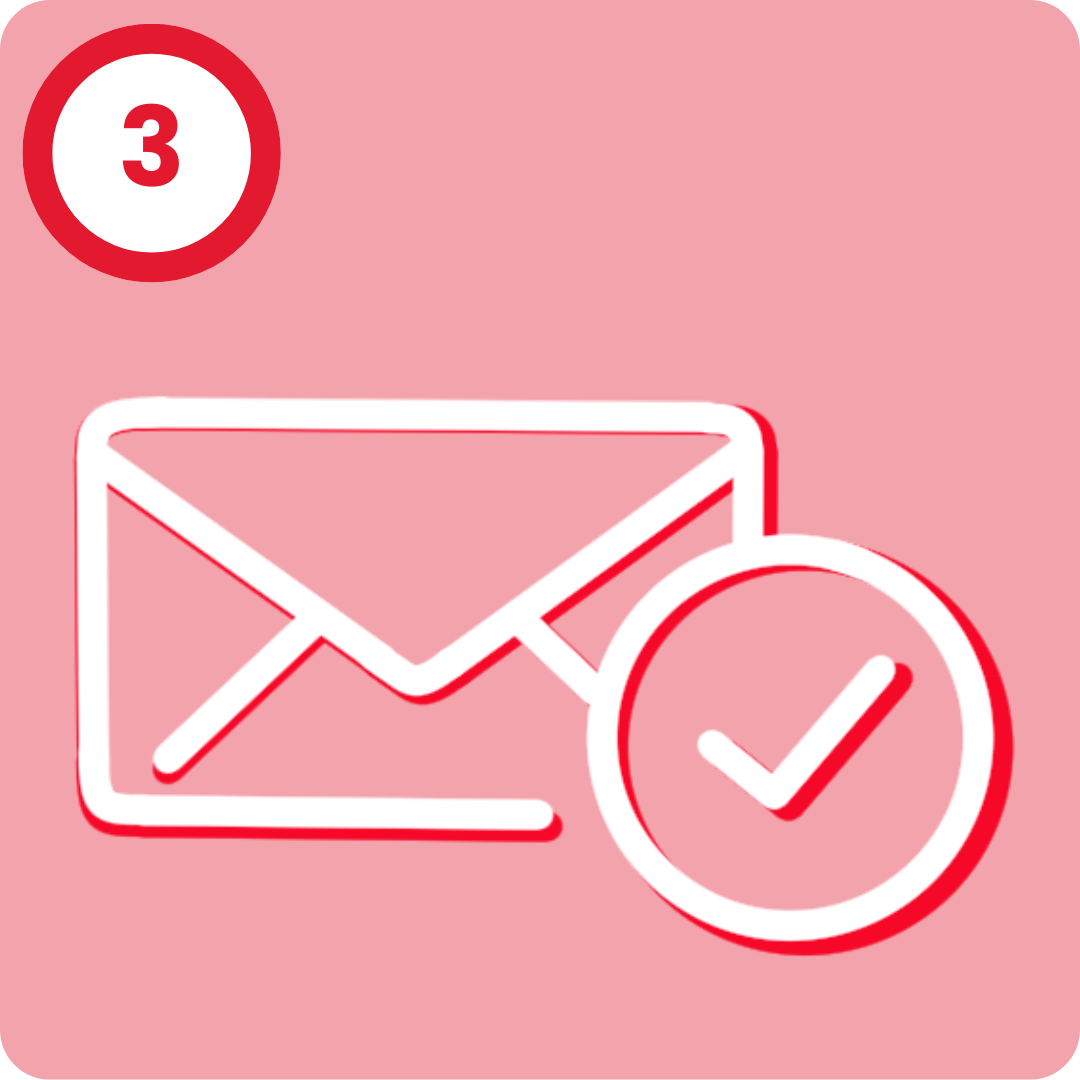 The image features a red background with a white envelope and a checkmark, indicating a notification of 3 messages or emails.