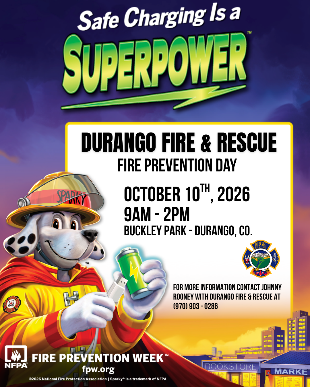 Event poster for Durango Fire & Rescue Fire Prevention Day on Oct 10, 2026, 9 AM-2 PM at Buckley Park, Durango, CO.