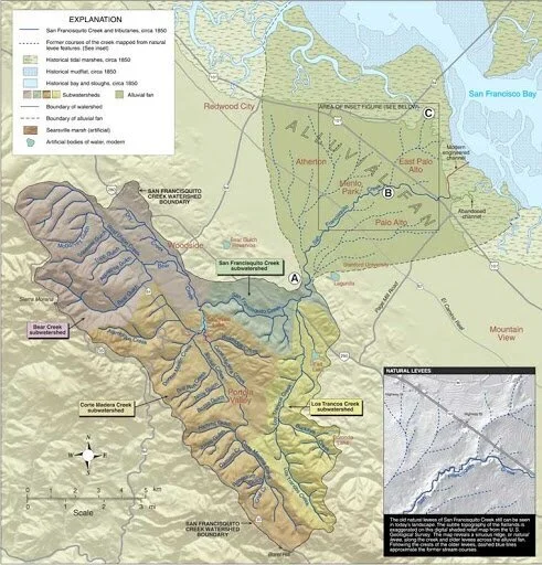 Map showing San Francisco Creek watershed, historical and modern creek routes, natural levees, and city boundaries.