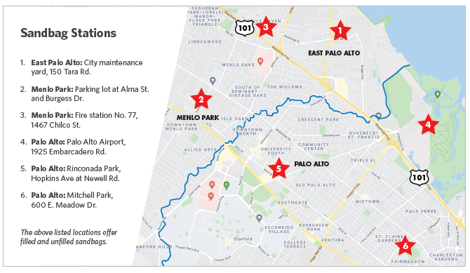 Map showing sandbag stations in East Palo Alto, Menlo Park, and Palo Alto with locations marked by red stars.