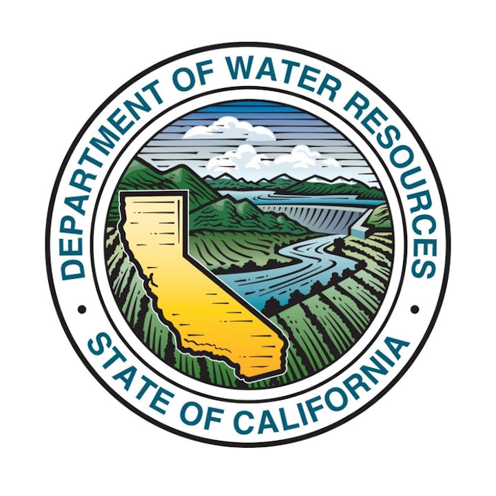 The image features the seal of the California Department of Water Resources, showcasing a stylized depiction of the state, water, and landscapes.