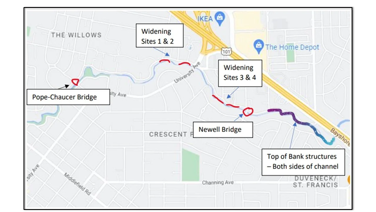 Map showing widening sites near Pope-Chaucer and Newell Bridges, with locations of IKEA and Home Depot nearby.