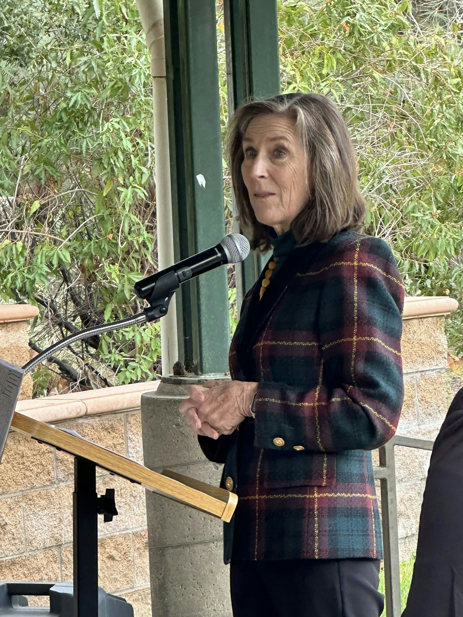 A person delivering a speech at a lectern with a microphone, outdoors.