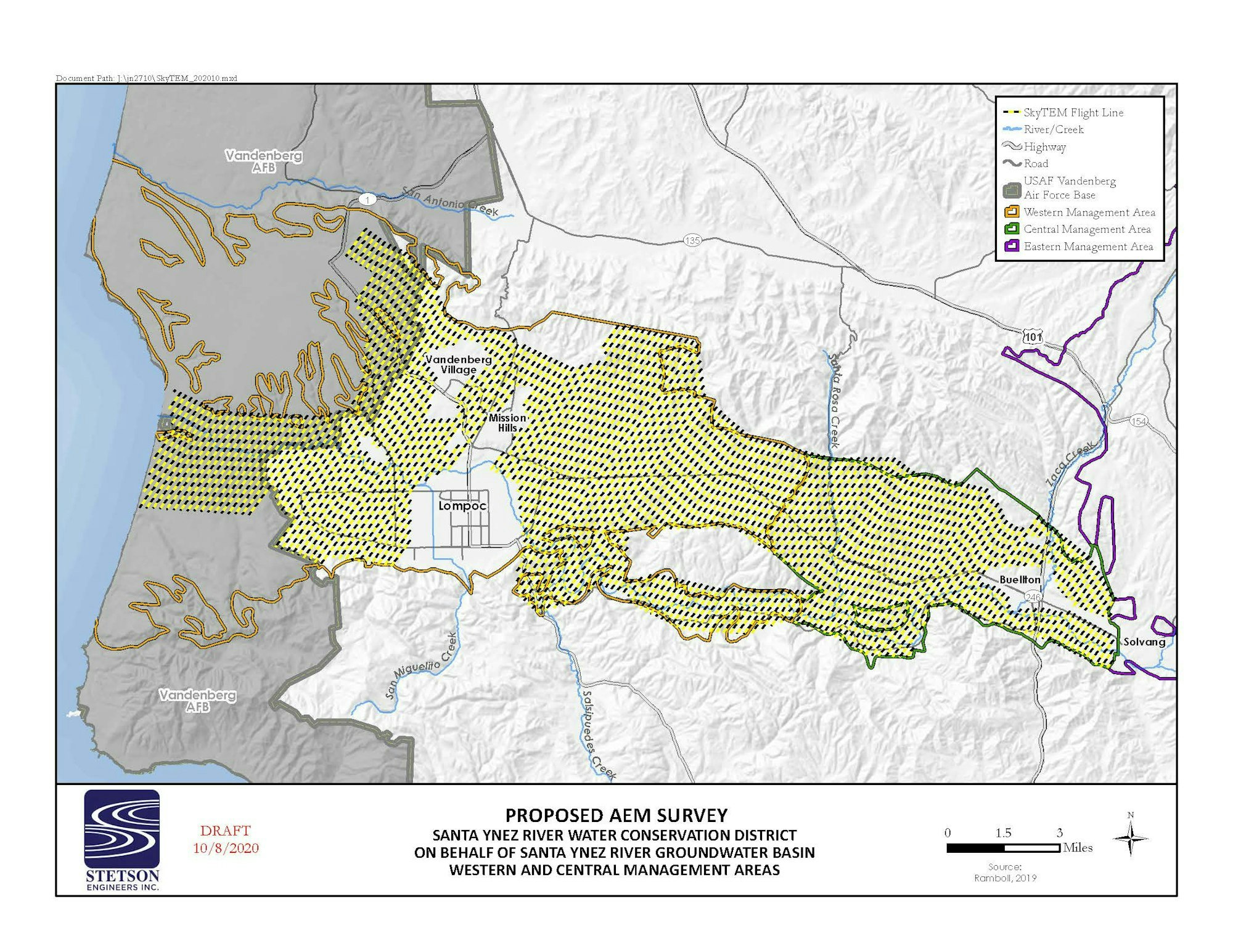 A map showing a proposed AEM survey area with flight lines and management areas for a water conservation district.