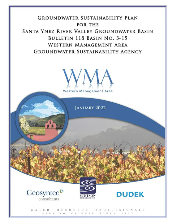 A cover page for Santa Ynez River Valley Groundwater Sustainability Plan, dated January 2022, featuring landscape imagery.