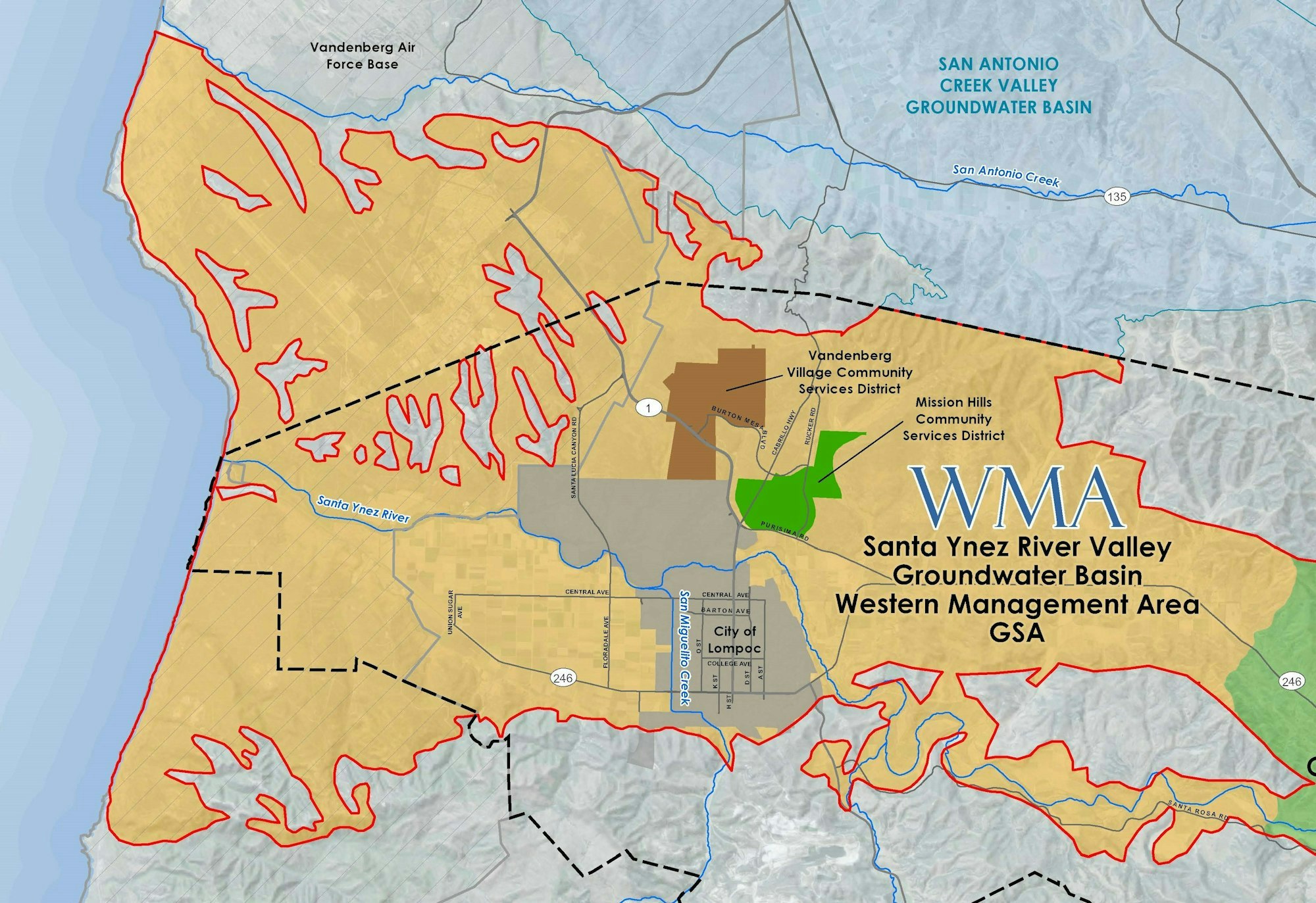 A map showing the Santa Ynez River Valley Groundwater Basin management areas.