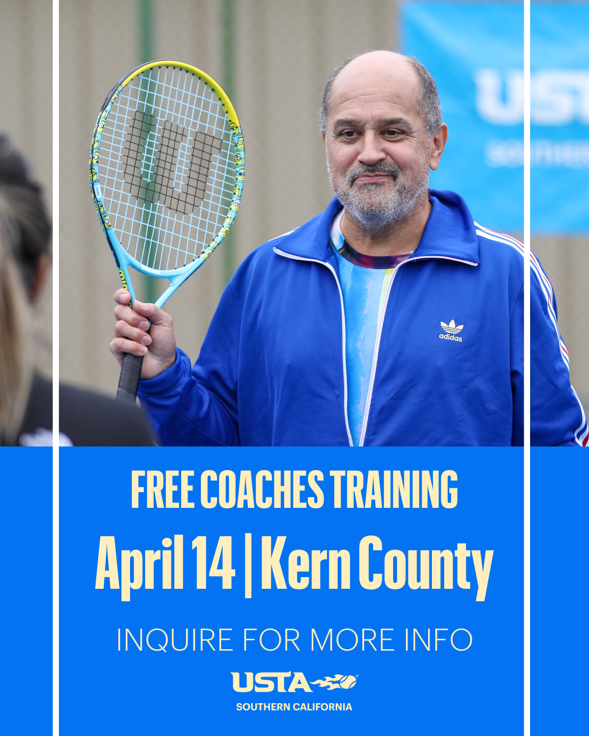 A poster for free coaches training on April 14 in Kern County, with a man holding a tennis racket, by USTA Southern California.