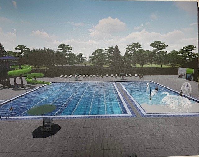 A simulated image of a swimming pool with lanes, fountains, loungers, and a water slide surrounded by trees.