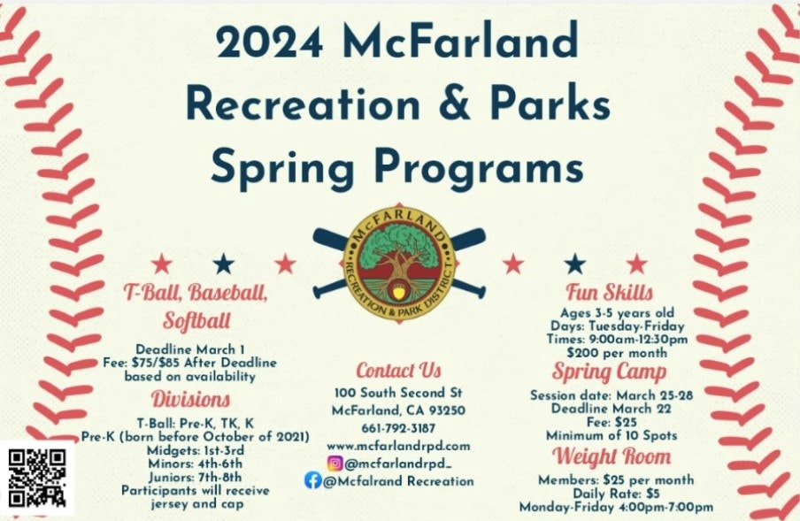 Flyer for 2024 McFarland Recreation & Parks Spring Programs featuring T-Ball, Baseball, Softball, Fun Skills, Spring Camp, and Weight Room.