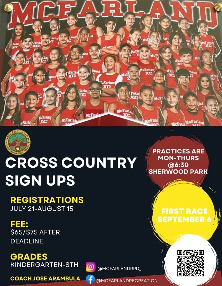Group photo of children in red jerseys, promoting McFarland cross country sign-ups. Practices Mon-Thurs at 6:30. First race Sep 6.