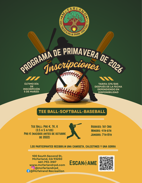 Spring 2026 registration for Tee Ball, Softball, and Baseball in McFarland. Deadline: March 5. Participants receive gear.