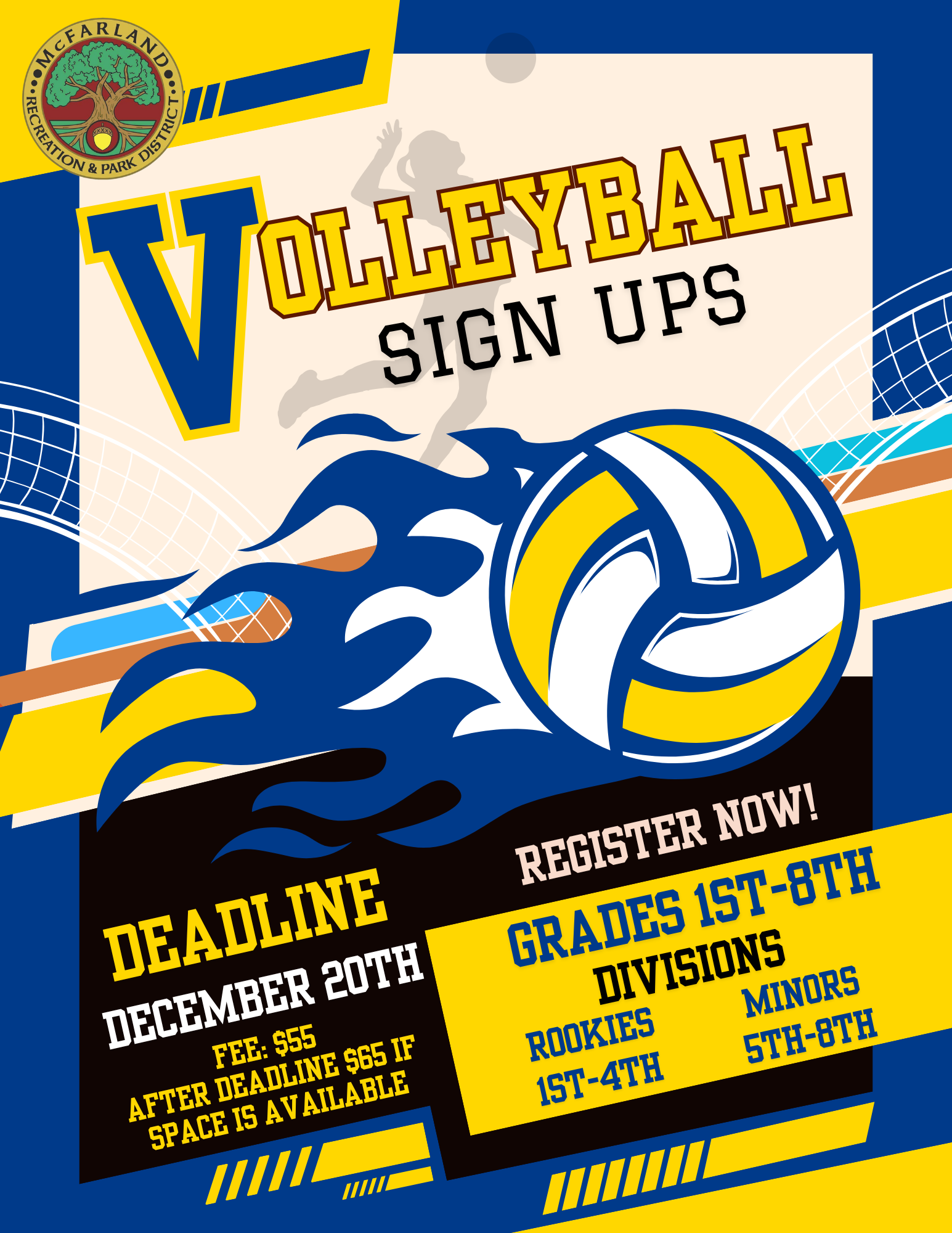 An advertisement for volleyball sign-ups, indicating deadlines, fees, and eligible grades.
