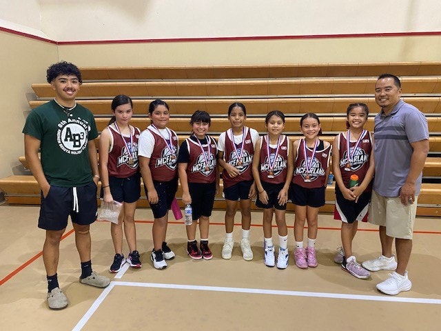 Group of young basketball players with medals and a coach in a gym.