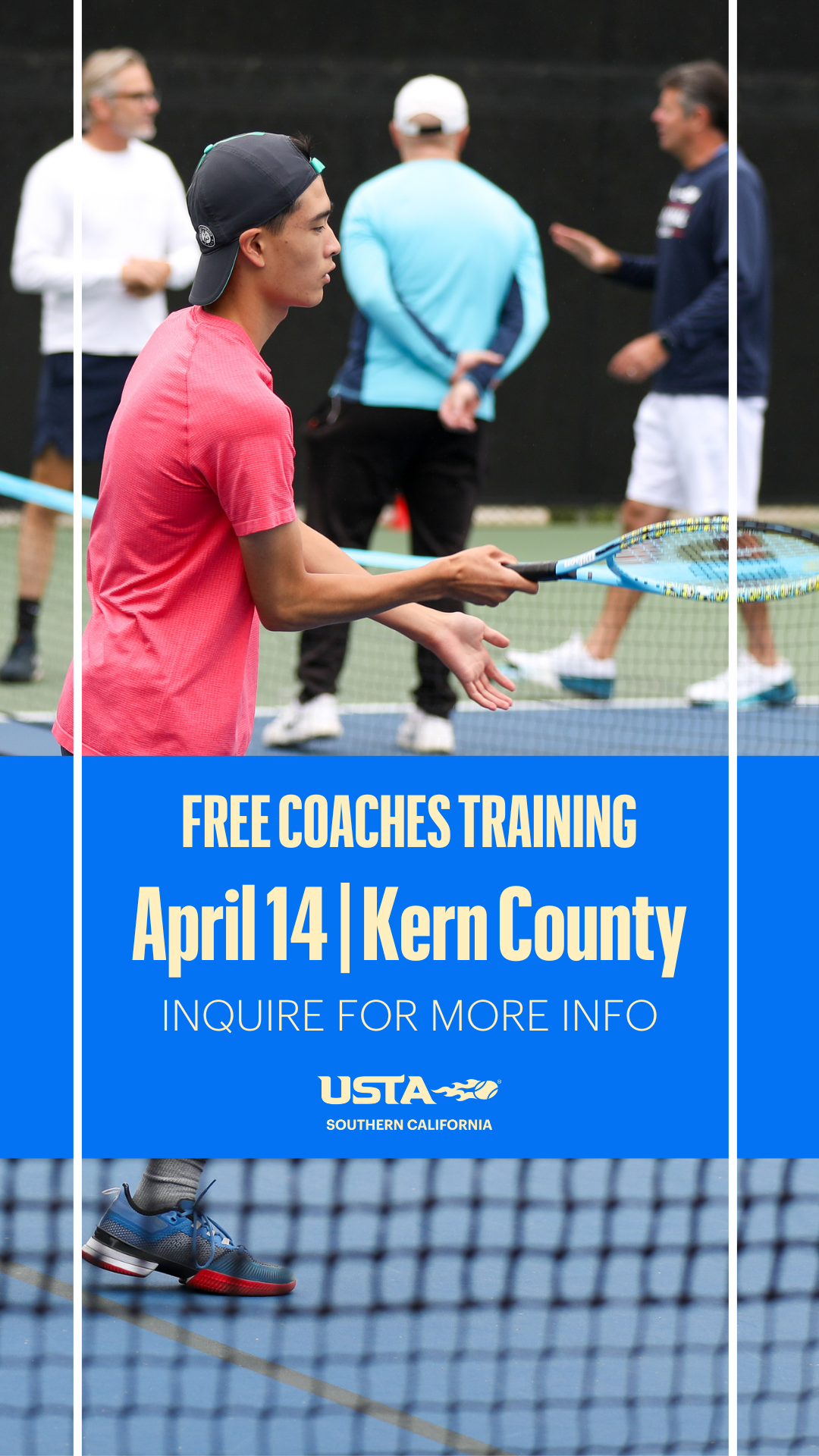 A promotional image for free tennis coaches training on April 14 in Kern County by USTA Southern California.