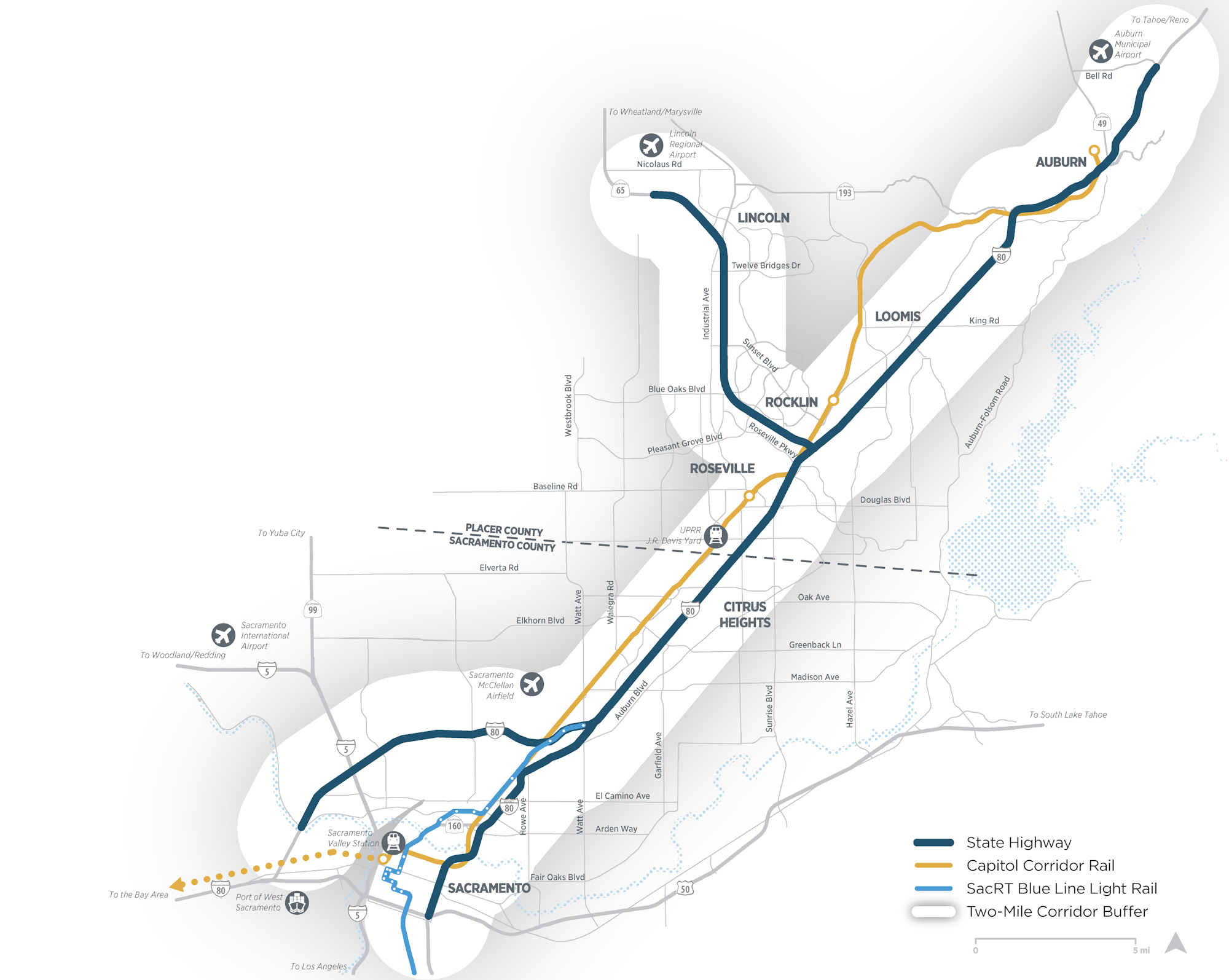 The image shows a transit map highlighting highways and rail lines in the Sacramento region, including major routes and key locations.