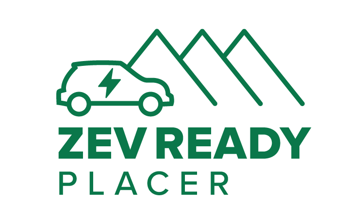 Car icon with a bolt, three mountain peaks, text "ZEV READY PLACER."