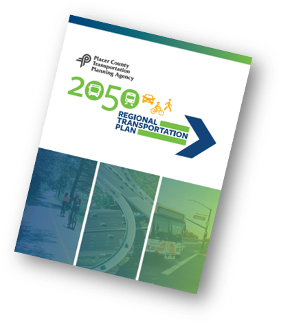 The image shows a document for the "2050 Regional Transportation Plan" by the Placer County Transportation Planning Agency.