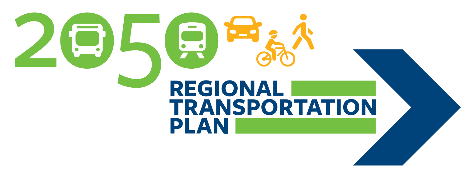 "2050 Regional Transportation Plan" with icons of a bus, train, car, cyclist, and pedestrian.