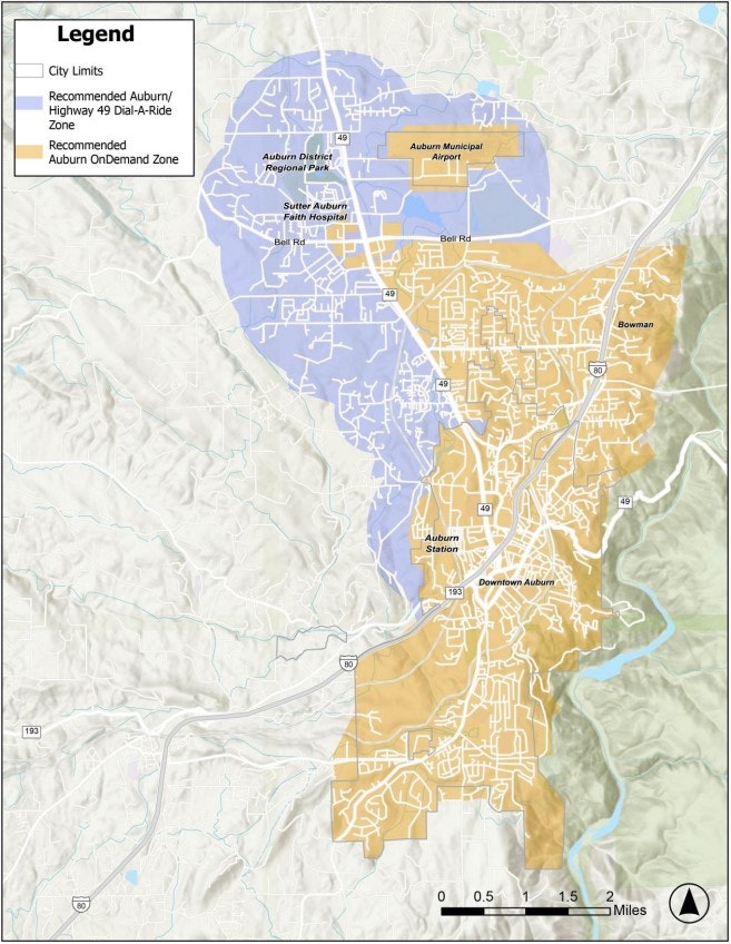 Map showing PCT's North Auburn/Highway 49 Dial-A-Ride zone (blue) and Auburn OnDemand zone (orange) with city limits and landmarks like Auburn Municipal Airport.