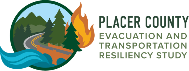 Logo for Placer County's Evacuation and Transportation Resiliency Study, featuring trees, a road, water, and fire elements.