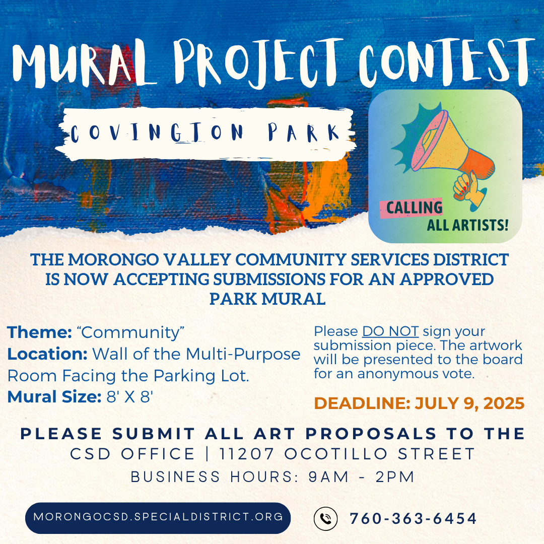 Mural Project Contest for Covington Park. Theme: "Community." Submit proposals by July 9, 2025, to the CSD Office.