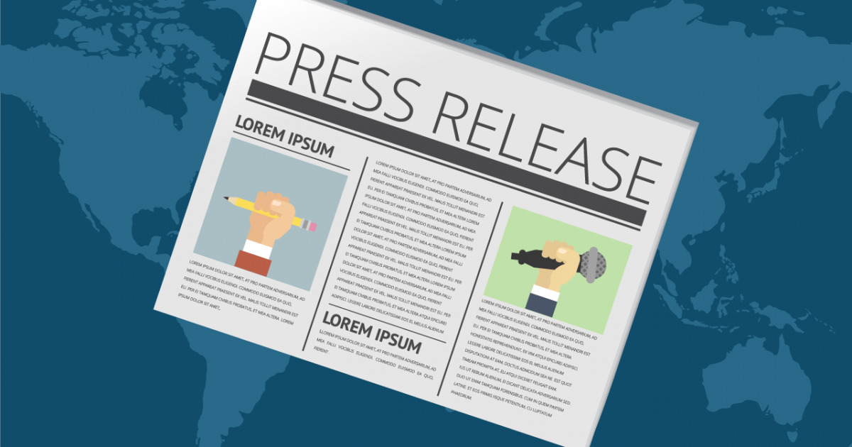 A newspaper titled "Press Release" featuring two sections with placeholder text and illustrations of a pencil and a microphone.