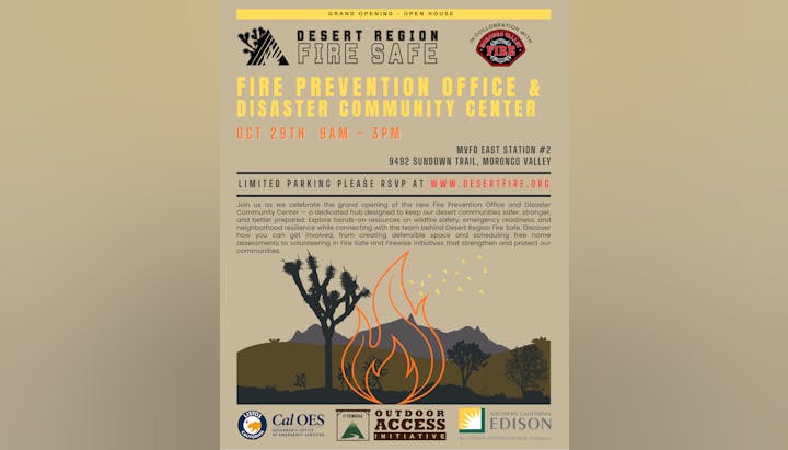 Desert Region Fire Safe event for fire prevention on Oct 29, 9AM-3PM at MVFD East, Morongo Valley. RSVP at www.desertfire.org.