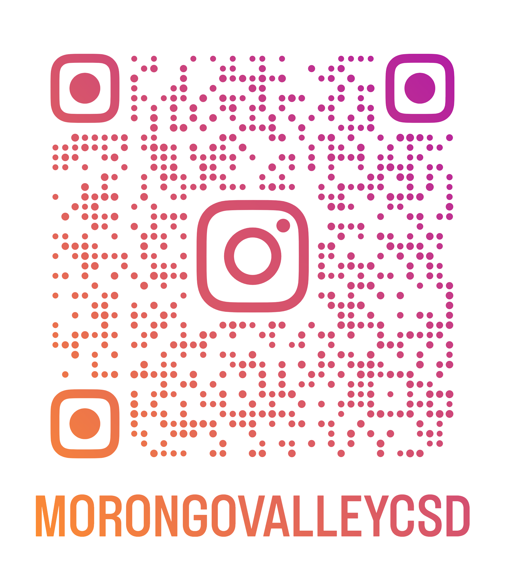QR code for Instagram profile "morongovalleycsd" with gradient colors.