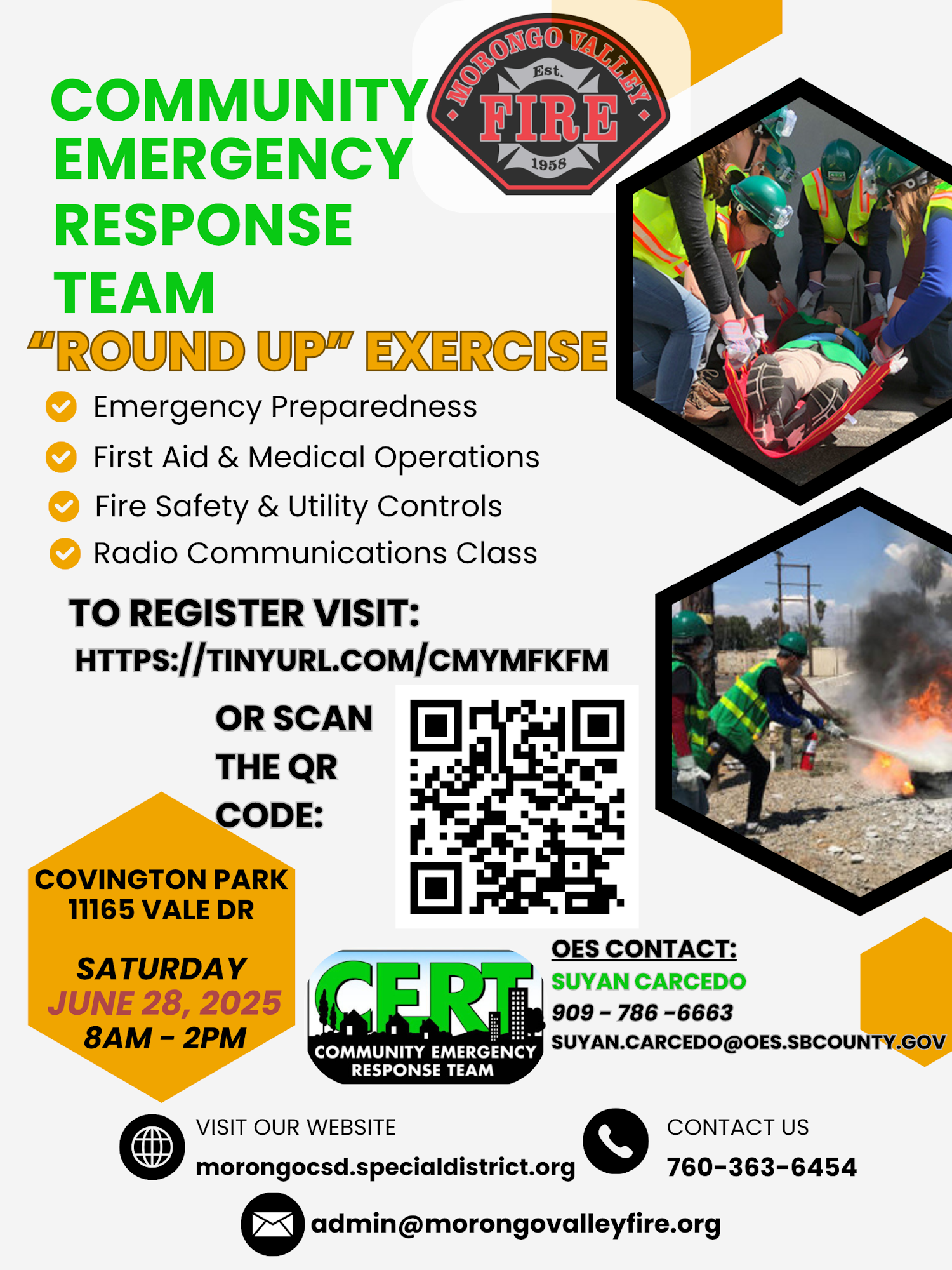 Community Emergency Response Team event on June 28, 2025. Includes emergency training. Register online or scan QR code. Contact info provided.