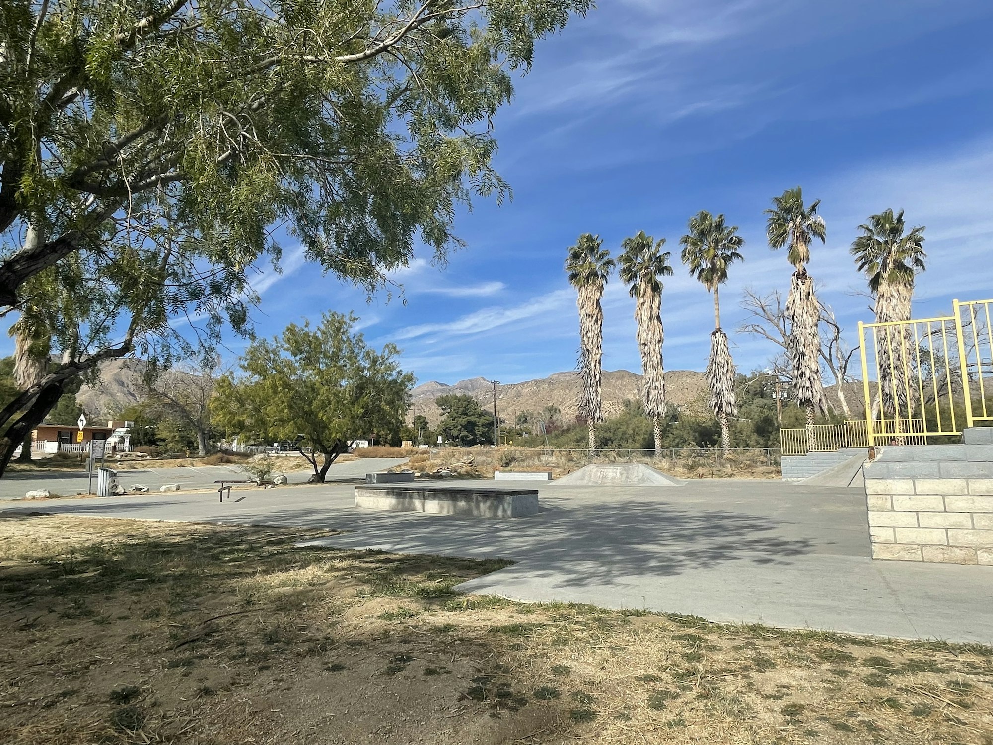 A skatepark with ramps, surrounded by trees and palm trees against a mountainous backdrop under a blue sky.