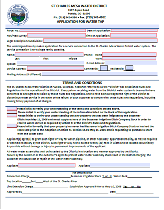 The image is a water tap application form from the St. Charles Mesa Water District, including terms and conditions for service.