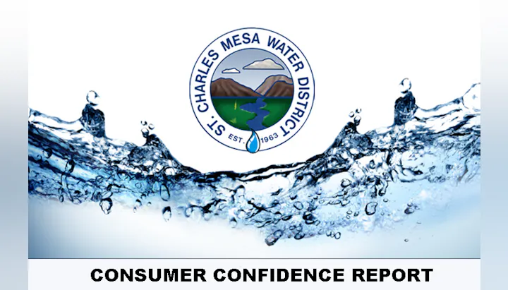 Logo of St. Charles Mesa Water District above splashing water, with "Consumer Confidence Report" text below.