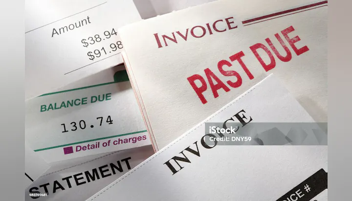 An assortment of invoices and statements, including a "Past Due" notice and details about amounts owed.