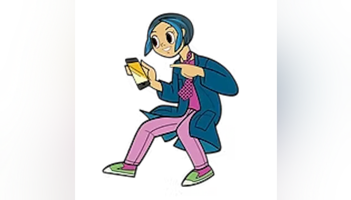 A cartoon character with blue hair and a playful expression, holding a yellow object while wearing a coat and colorful outfit.