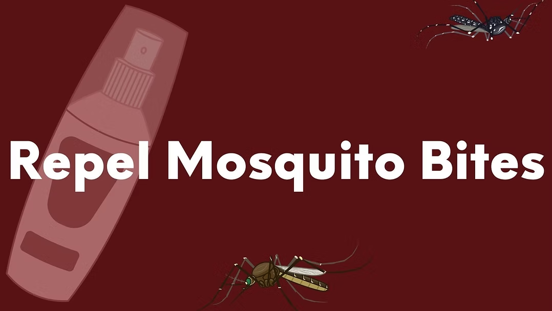The image promotes using a spray to repel mosquito bites, featuring a spray bottle and illustrations of mosquitoes.