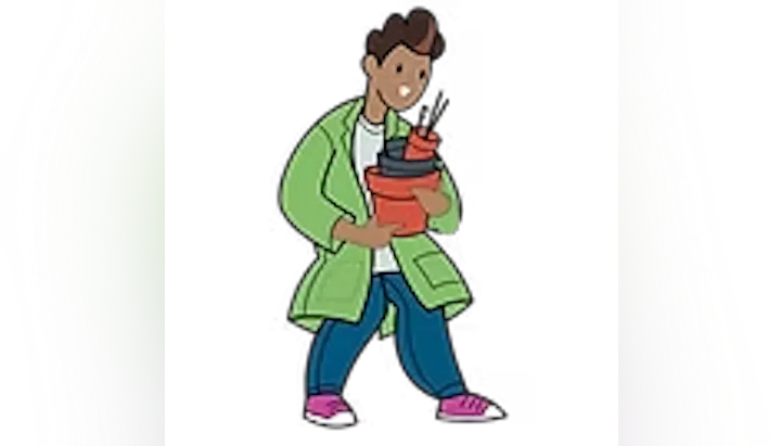 A cartoom boy agent in a green lab coat, pink shoes, blue pants, and a white shirt removes pots and other items that might hold water and attract mosquitoes.