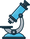 A cartoon-style microscope with a blue base and eye piece.
