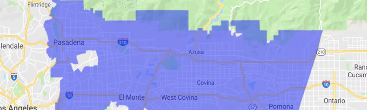 The image shows a map highlighting areas around Pasadena, Azusa, Covina, West Covina, and El Monte in purple.