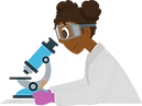 A young scientist in a white lab coat, pink safety gloves, and goggles peers through a microscope.
