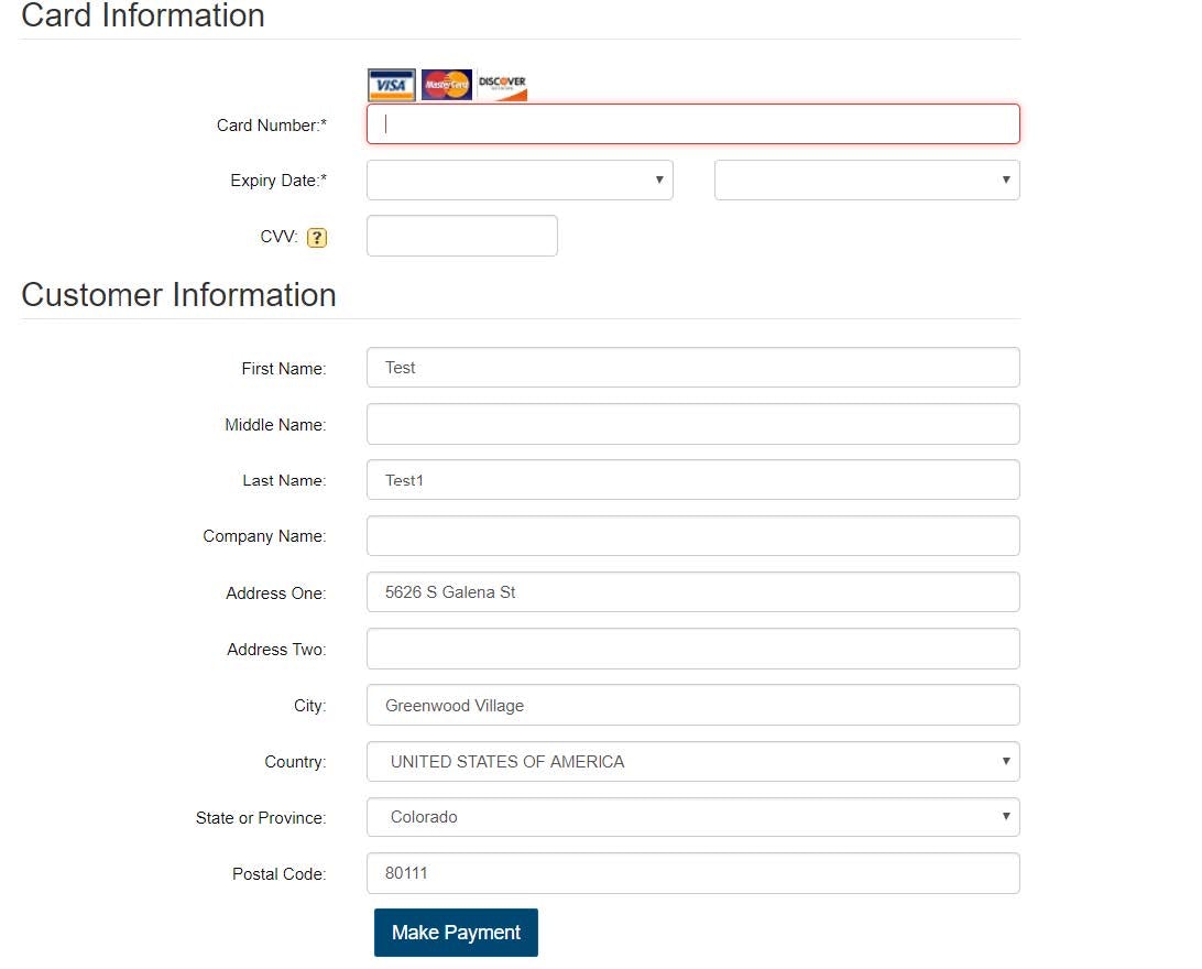 Credit card info form: card number, expiry, CVV; customer info: name, address in Colorado; submit button "Make Payment".
