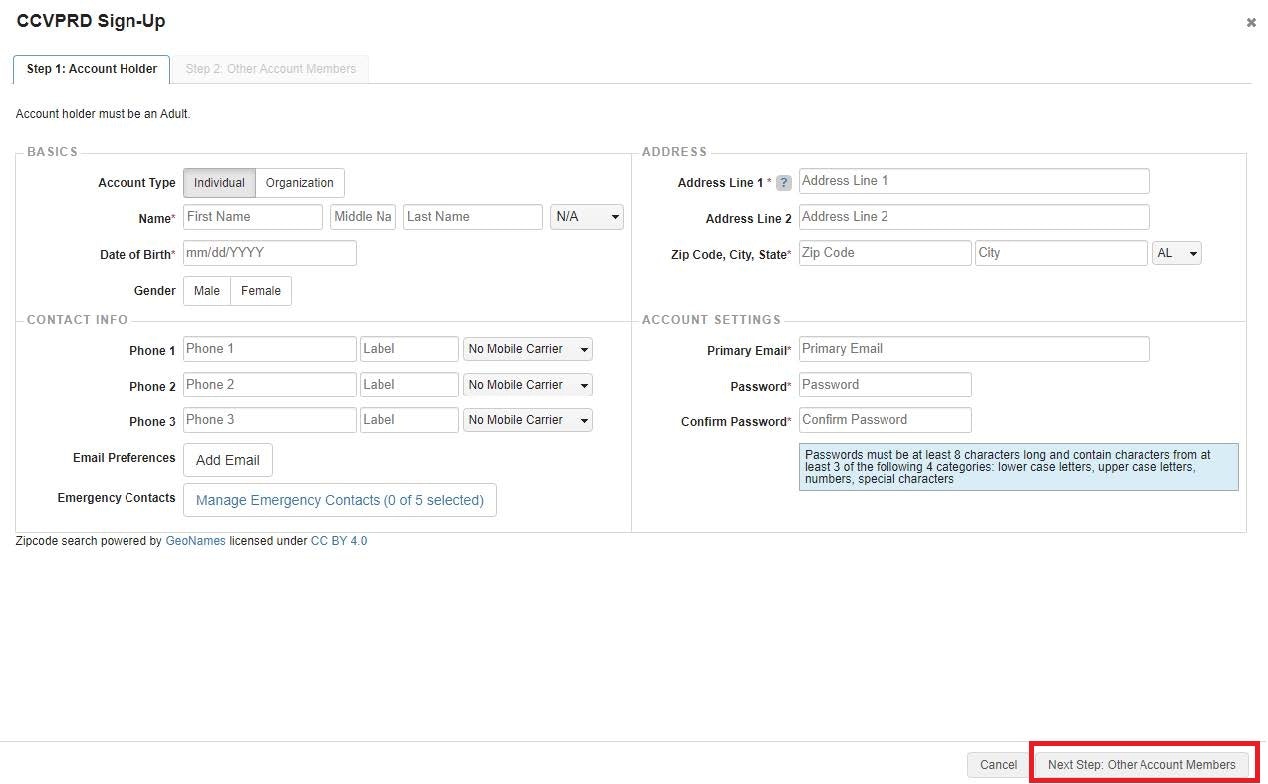 CCVPRD sign-up form with fields for personal info, address, contact details, and account settings. Next step button highlighted.